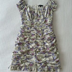 Lulu's Purple and Green Ruched Mini Dress for Wedding Guests